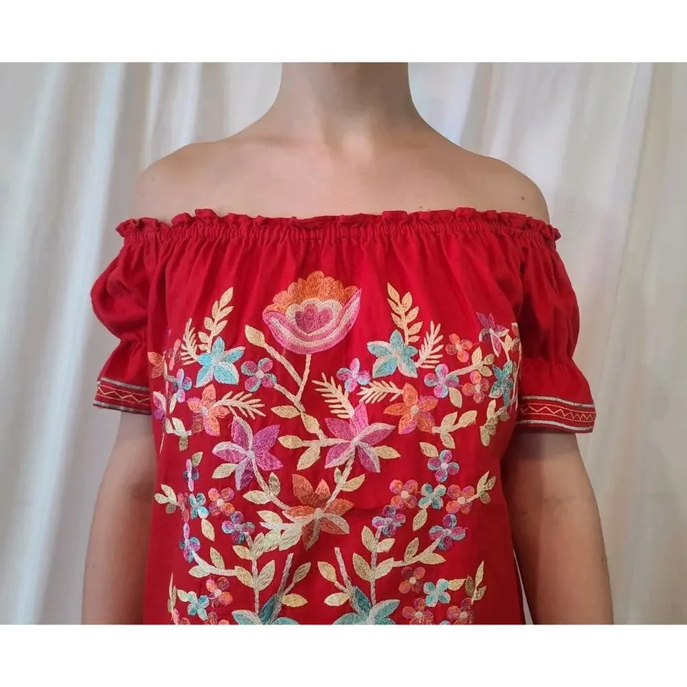 Free People Fleur Du Jour Embroidered Red Off Shoulder Mini Dress XS
